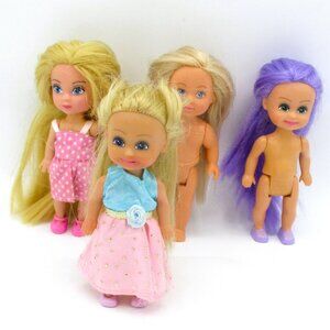 Set Of 4 Miniature Dolls With Blonde Purple Hair 2 ouitfits 3 pr Shoes 4" tall